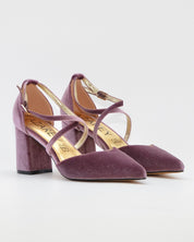ZAPATO SALÓN MUJER COLOR TERCIOPELO MALVA TACÓN ANCHO Y TIRAS AZAREY 459M066