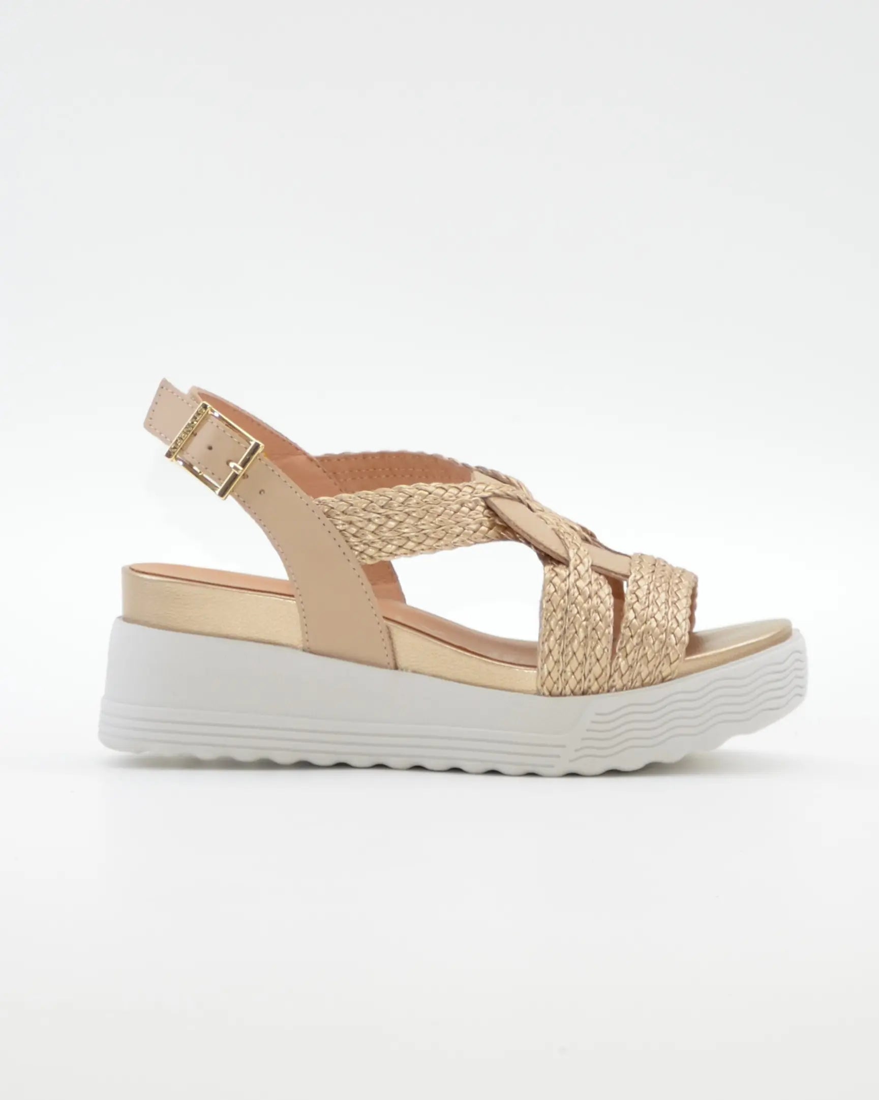 SANDALIA PLANA MUJER STONEFLY TRENZADA ORO Y BEIGE