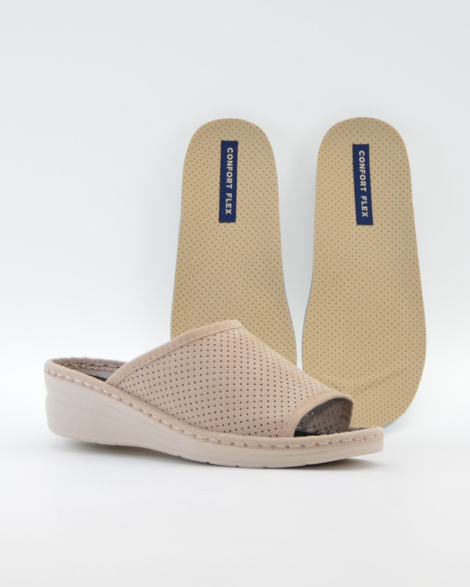 ZAPATILLAS DE CASA MUJER ABIERTA CON CUÑA COLOR BEIGE ANCHO ESPECIAL  PLANTILLA EXTRAIBLE