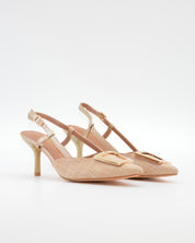 ZAPATO FIESTA MUJER TEJIDO BEIGE ADORNO METÁLICO CAYETANO 56022