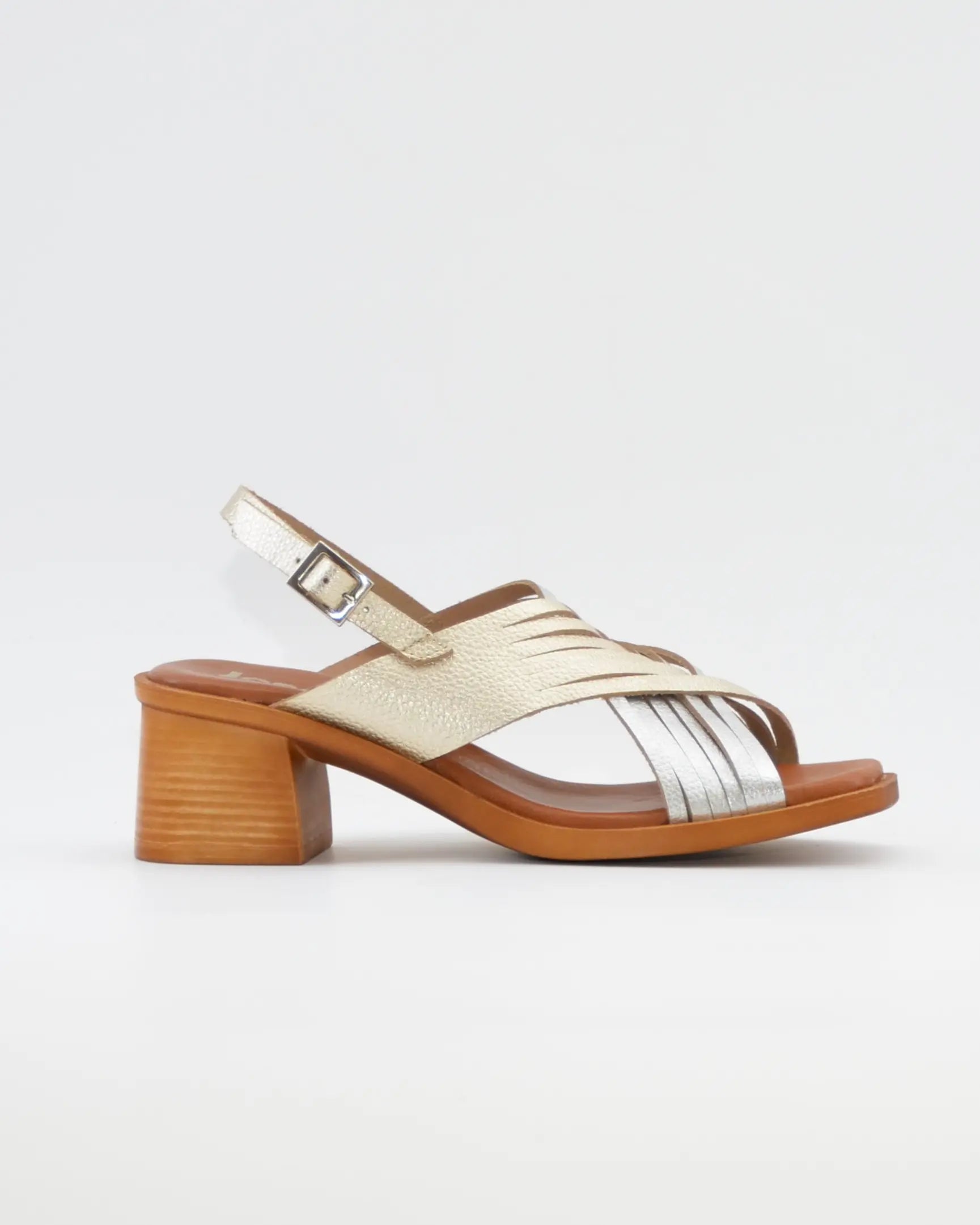SANDALIA MUJER TACON MEDIO PLANTA DE GEL COMBI PLATA DORADO JORDANA 4235