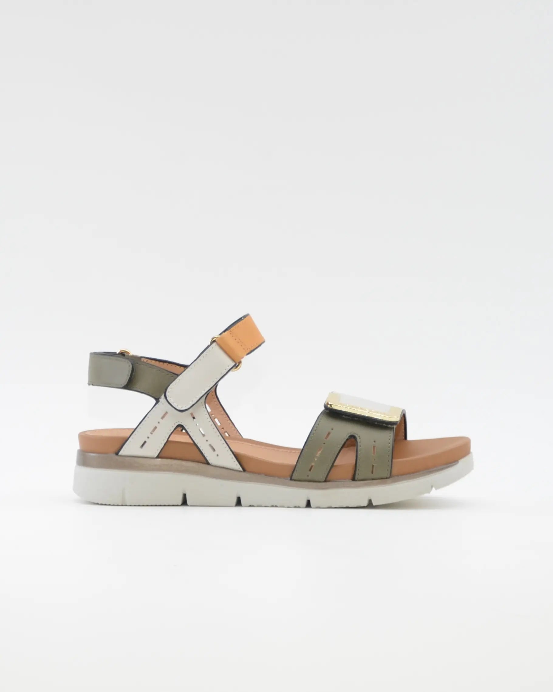 SANDALIA PLANA MUJER STONEFLY DOS VELCROS COMBI OLIVA CUERO BLANCO 220834 BSE