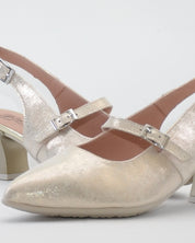 ZAPATO SALON MUJER DORADO TALON DESTALONADO Y HEBILLA PITILLOS 11183
