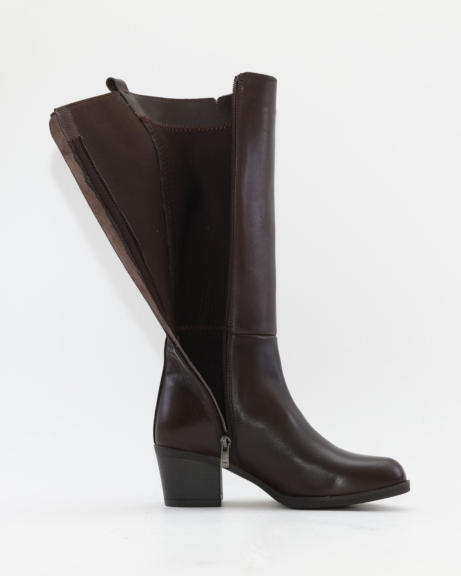 BOTA ALTA MUJER TACON MEDIO COLOR MARRON CREMALLERA Y ELASTICO TREINTAS L-1504