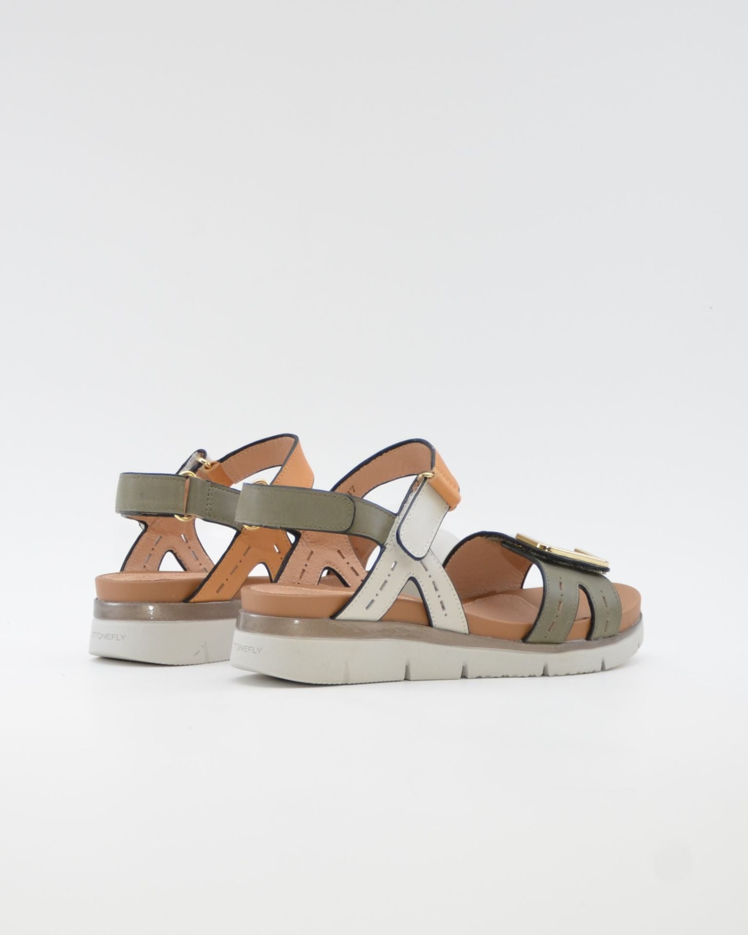 SANDALIA PLANA MUJER STONEFLY DOS VELCROS COMBI OLIVA CUERO BLANCO 220834 BSE