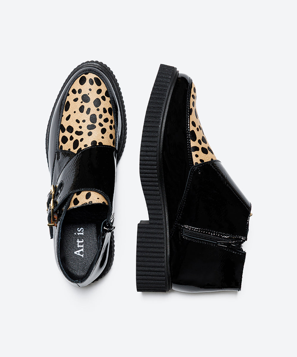 BOTIN MUJER DOS HEBILLAS CHAROL NEGRO PRINT LACOMBA TULIP