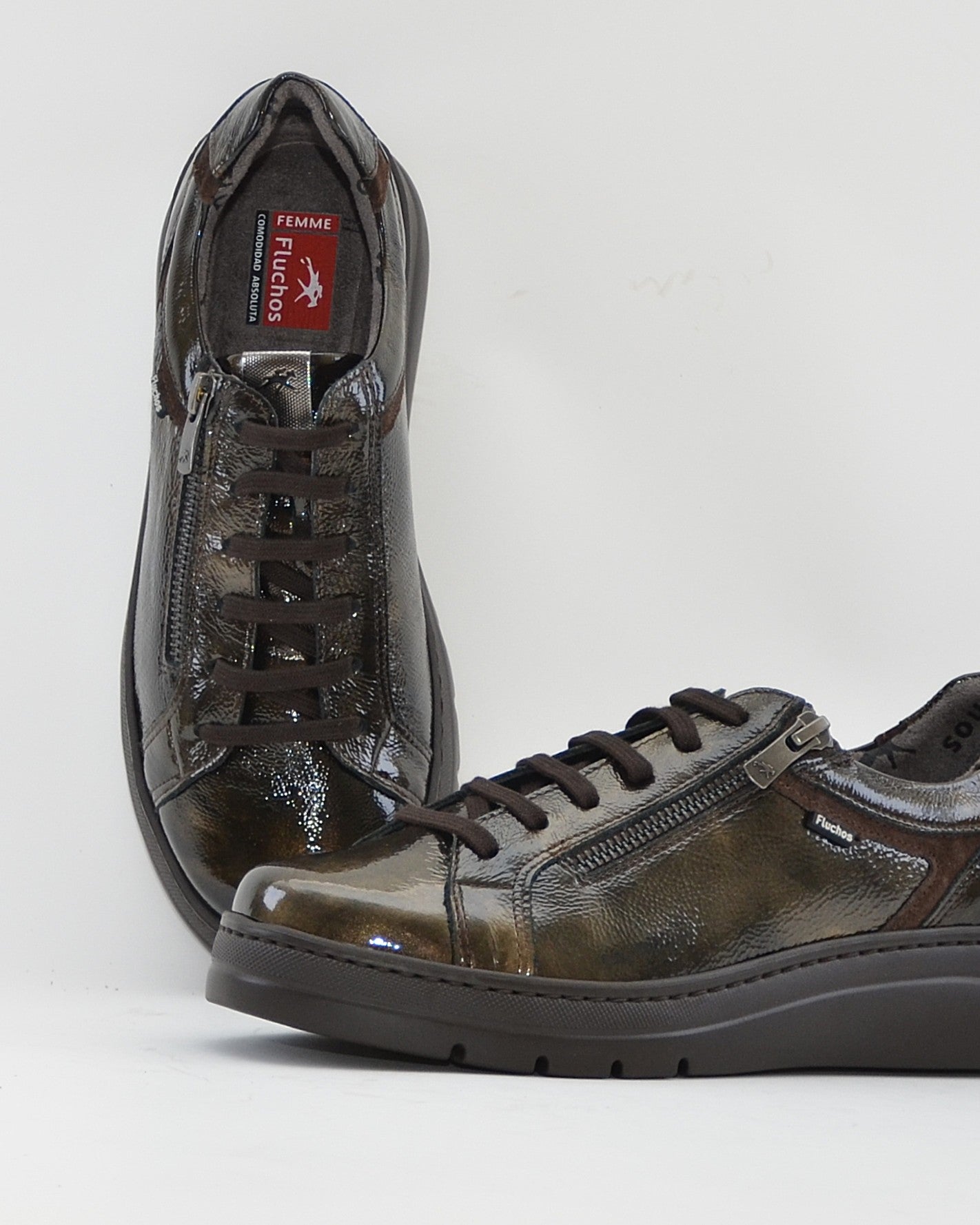 ZAPATO CASUAL MUJER PLANO FLUCHOS POMPASF1666 CHAROL OLIVA