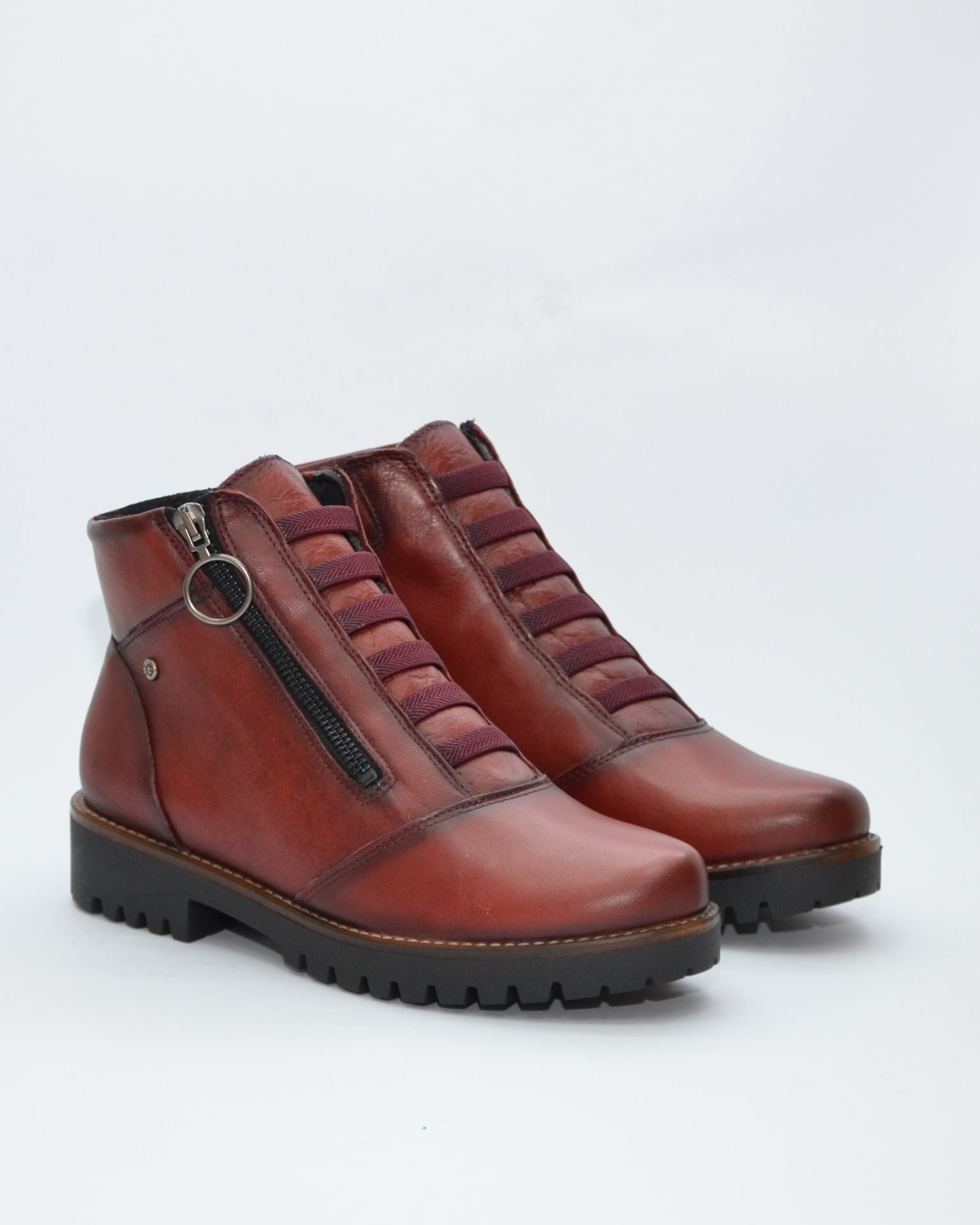 BOTINES DE MUJER PLANOS CON CREMALLERA EN COLOR BURDEOS