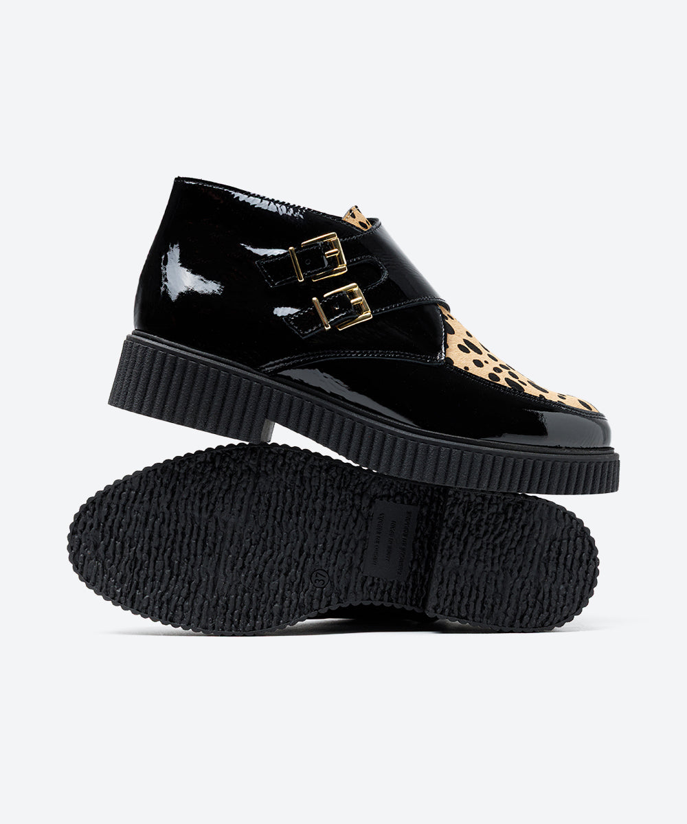 BOTIN MUJER DOS HEBILLAS CHAROL NEGRO PRINT LACOMBA TULIP