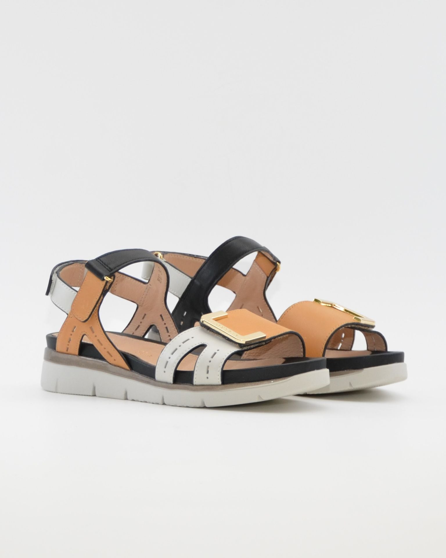 SANDALIA PLANA MUJER STONEFLY DOS VELCROS COMBI CAMEL BLANCO Y NEGRO
