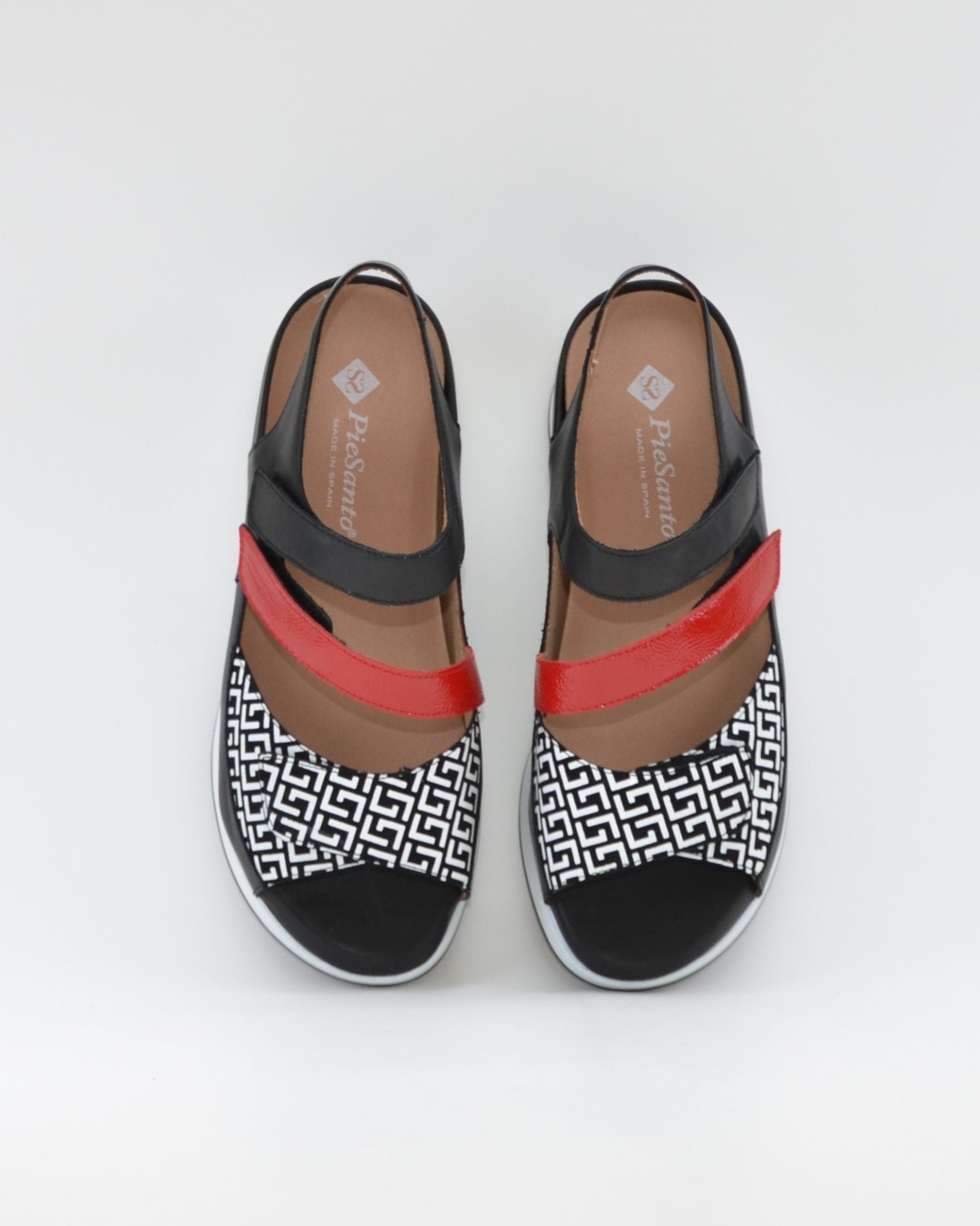SANDALIA PLANTILLA EXTRAIBLE MUJER TRES VELCROS ANCHO ESPECIAL COLOR NEGRO Y ROJO PIE SANTO 260423