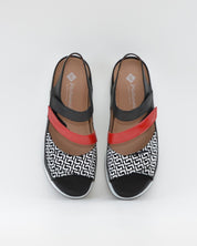 SANDALIA PLANTILLA EXTRAIBLE MUJER TRES VELCROS ANCHO ESPECIAL COLOR NEGRO Y ROJO PIE SANTO 260423
