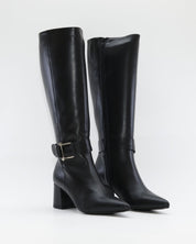 BOTA ALTA MUJER TACON ANCHO EN PIEL COLOR NEGRO ADORNO HEBILLA